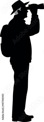 Silhouette of man with hat and binoculars spotting wildlife vector illustration 