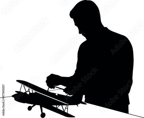 Male silhouette playing with vintage biplane model airplane vector illustration 