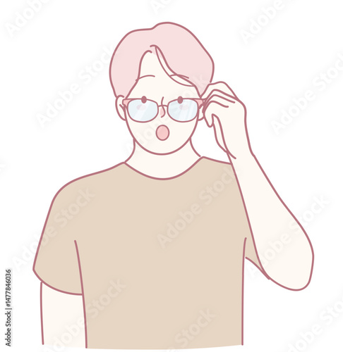 A vivid illustration of a surprised young man adjusting his glasses, showing curiosity and intrigue