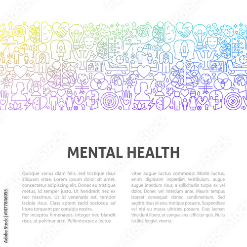 Mental Health Line Art Template. Vector Thin Outline Psychology Linear Symbols. Wellness and Awareness Month Design. Therapy Objects over White Background.