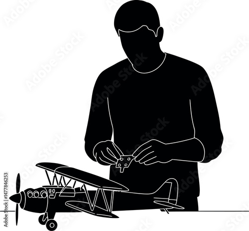 Man Building Model Airplane Silhouette Crafting Hobby Activity Vector Illustration 