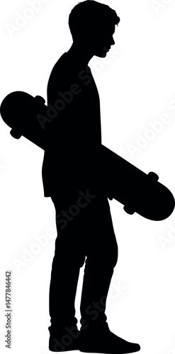 Silhouette of Teenage Boy Holding Skateboard Standing in Profile View Vector Illustration 