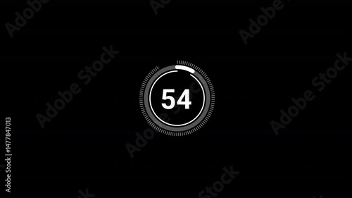 One minute countdown timer animation from 60 to 0 on a transparent background, 60 seconds countdown timer with alpha channel, 1 minute circle countdown.	