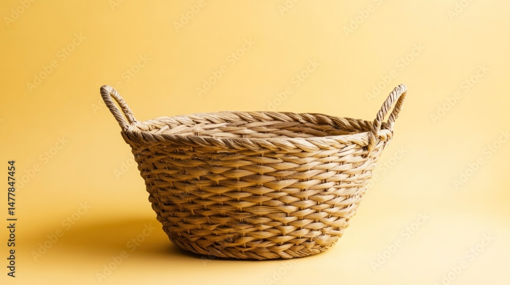 Obraz premium Empty woven basket on yellow background (1)