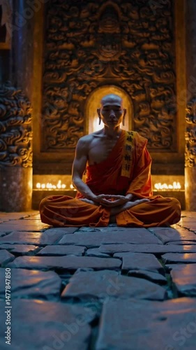 A monk is sitting in a room with a stone floor