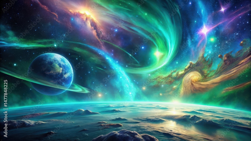 Obraz premium A Celestial Panorama Vibrant Nebulae, Glowing Aurorae, and a Ringed Planet Over a Frosty Landscape