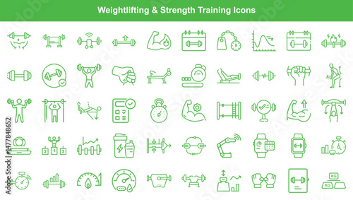 Fitness and Weightlifting Icon Set Gym Equipment, Exercises, and Bodybuilding Elements Design