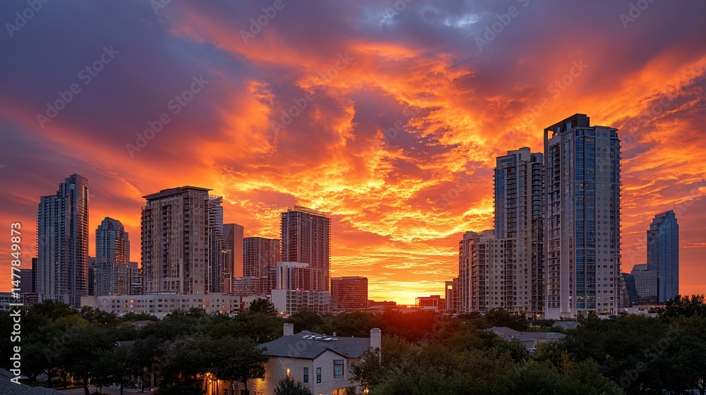 Fototapeta premium Dramatic sunset cityscape with vivid colors