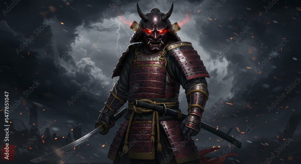 Fototapeta premium Oni Samurai Warrior - A fearsome samurai, clad in dark red armor, with an oni mask, stands amidst a stormy battlefield. His glowing red eyes and sharp swords create a dramatic scene