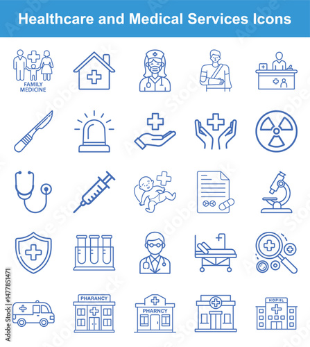 Healthcare and Medical Services Icon Set Family Medicine, Doctor, Pharmacy, Hospital Illustrations
