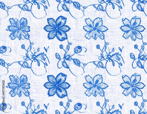 Timeless Symmetrical Blue Floral Embroidery Design with Detailed Leaves