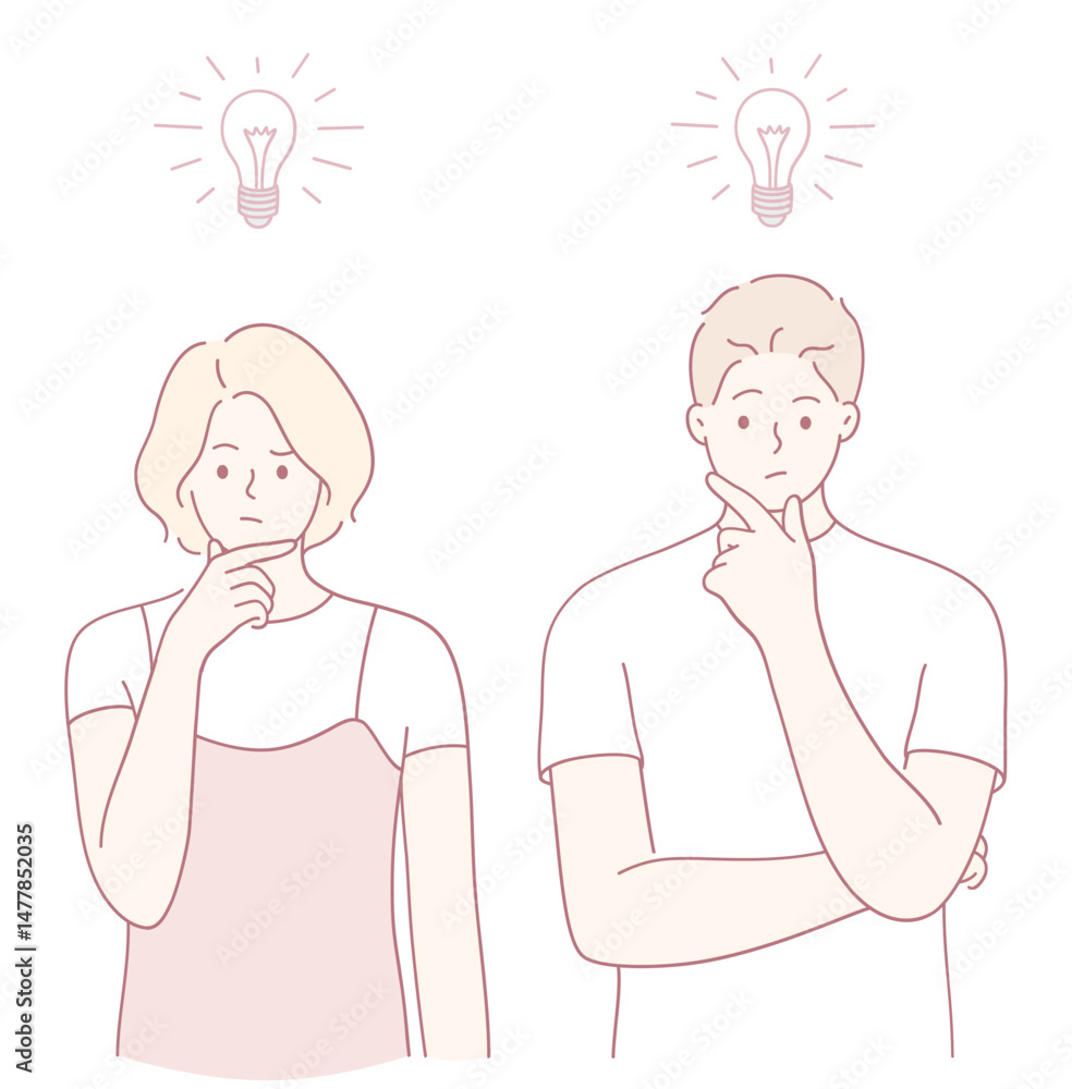 A couple thoughtfully ponders various ideas, symbolized by multiple bright lightbulbs above their heads A couple thoughtfully ponders various ideas, symbolized by multiple bright lightbulbs above their heads