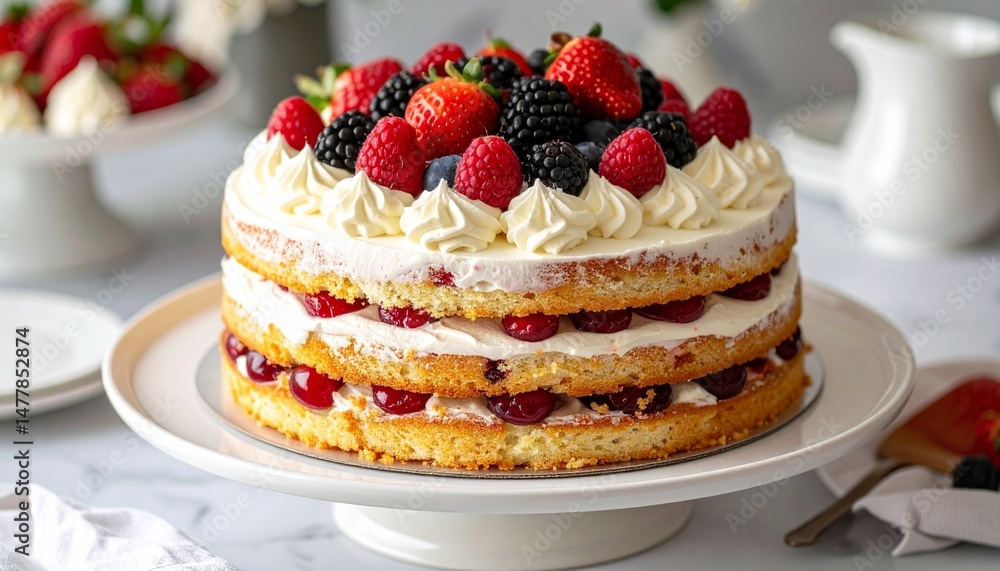 Decadent Three-Tiered Strawberry Cake with Fresh Berries on a White Ceramic Stand Decadent Three-Tiered Strawberry Cake with Fresh Berries on a White Ceramic Stand
