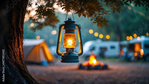 Glowing Lantern Hanging Tree Branch Camping Night. Orange light campfire tents recreation vehicles background