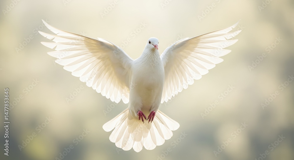 Obraz premium White Dove in Flight: Symbol of Peace - A serene white dove with wings outstretched, symbolizing peace, hope, purity, freedom, and spirituality. A perfect for backgrounds