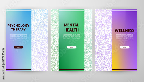 Mental Health Web Design. Vector Thin Outline Psychology Linear Symbols. Wellness and Awareness Month Concept. Therapy Line Objects Background. Flyer Template.