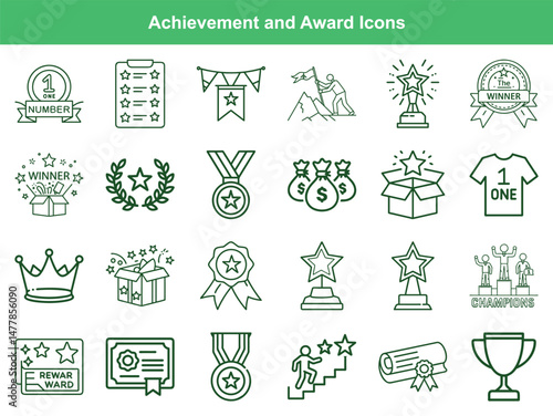 Line Art Achievement and Award Icons Featuring Trophies, Medals, Banners, Certificates, and Champion Podium