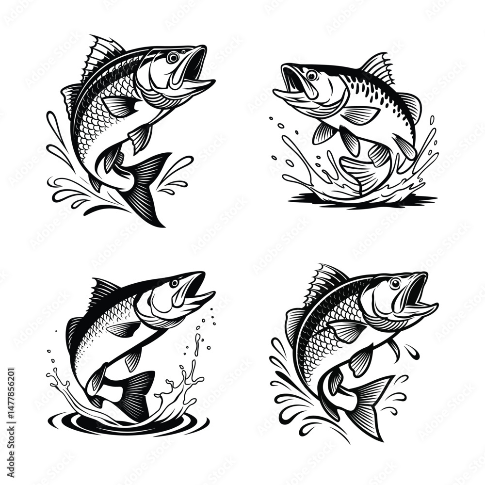 Fototapeta premium Jumping Bass Fish Black and White Vector Illustration