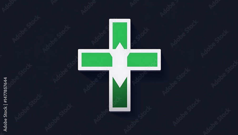 Obraz premium Cross vector icon in green and white for healthcare on a simple solid dark background