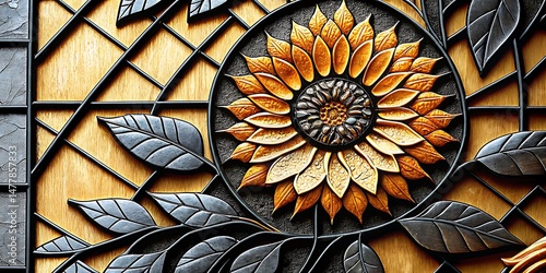 Decorative metal floral art features a sunflower and leafy branches over patterned wood grain