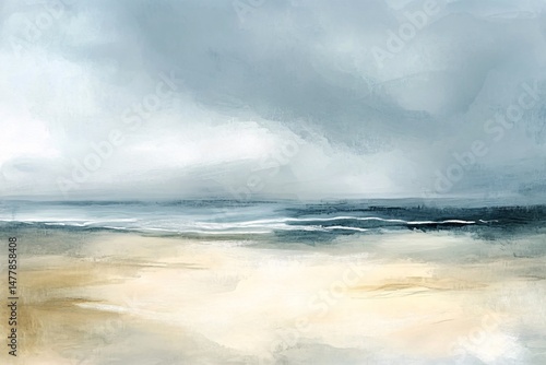 Tranquil Watercolor Seascape with Lush Greenery – Serene Coastal Horizon and Soft Cloudy Sky