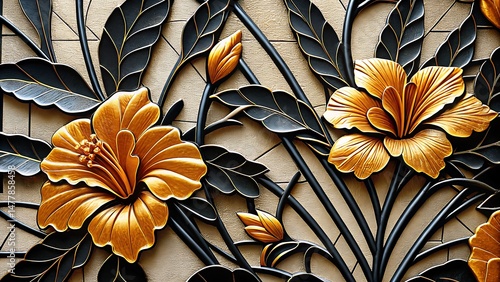 Decorative golden hibiscus flowers and black leaves offer a luxurious threedimensional texture