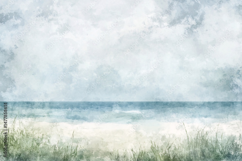 Fototapeta premium Tranquil Watercolor Seascape with Lush Greenery – Serene Coastal Horizon and Soft Cloudy Sky