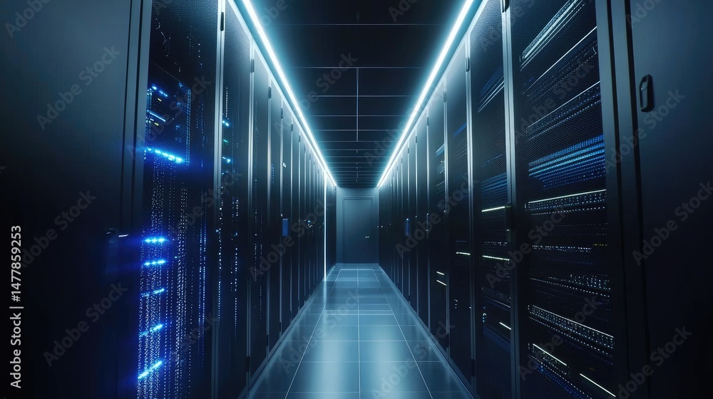 Fototapeta premium Symmetrical server room with cold white ceiling lights reflecting on polished floors and dark server racks. Ideal for IT ads, digital infrastructure, and cloud service visuals