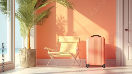 Coastal vacation room interior with luggage and lounge chair.
