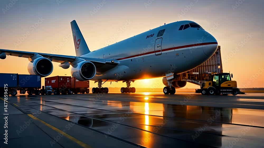 Large Airplane on Runway with Ground Crew at Dusk Airport Terminal Large Airplane on Runway with Ground Crew at Dusk Airport Terminal