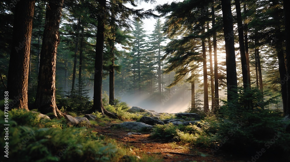 Obraz premium Ethereal sunlit pathway through misty forest