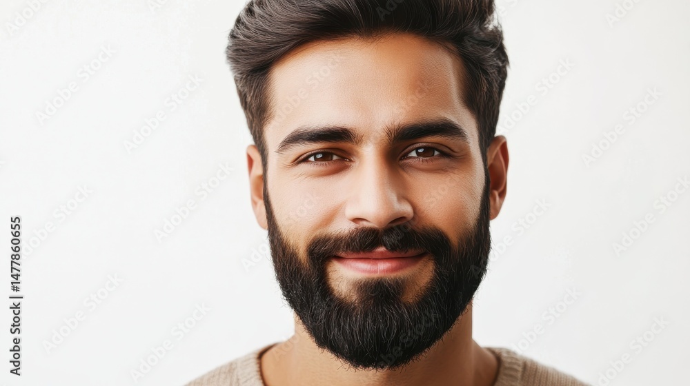 Obraz premium portrait of an attractive indian male in his 30s with a beard smile and looking into the camera isolated against a white background