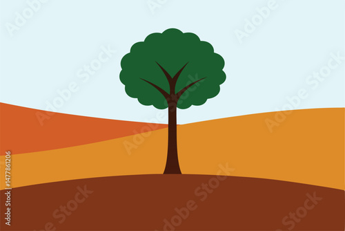 A lone tree stands as a vector illustration in a vast desert landscape under the summer sky