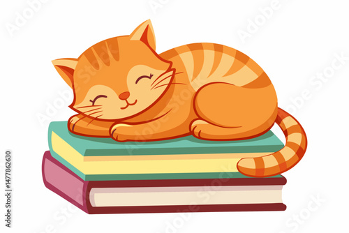 Adorable Orange Tabby Kitten Napping Peacefully on a Stack of Colorful Books