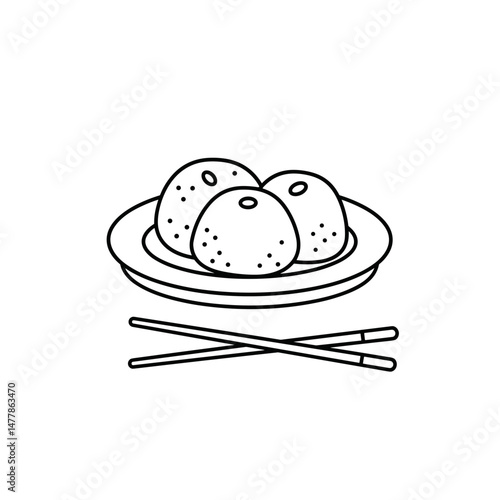 Three rice balls on a plate with chopsticks. Minimalistic linear black and white icon, part of the "Little-known holidays and cultural traditions" series. Editable SVG.