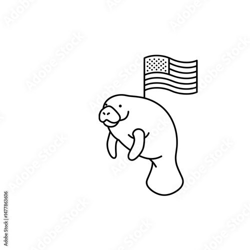 Мультяшный ламантин с американским флагом. Cartoon manatee with American flag. Minimalistic linear black and white icon, part of the "Little-known holidays and cultural traditions" series. Editable SV