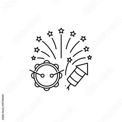 Celebration elements with tambourine and fireworks. Minimalistic linear black and white icon, part of the series "Little-known holidays and cultural traditions". Editable SVG.