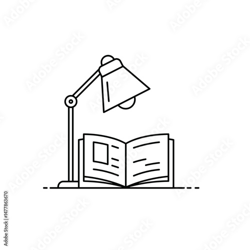 Open book illuminated by a desk lamp. Minimalistic linear black and white icon, part of the series "Little-known holidays and cultural traditions". Editable SVG.
