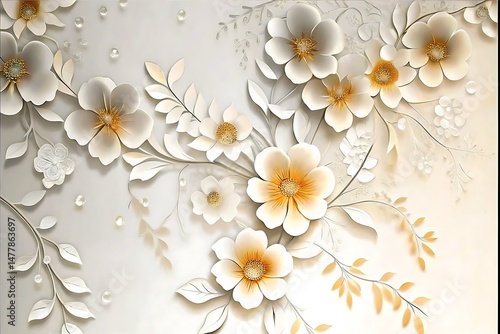 Elegant creamy flowers and petals cascade gently across a soft, pale background creating beauty