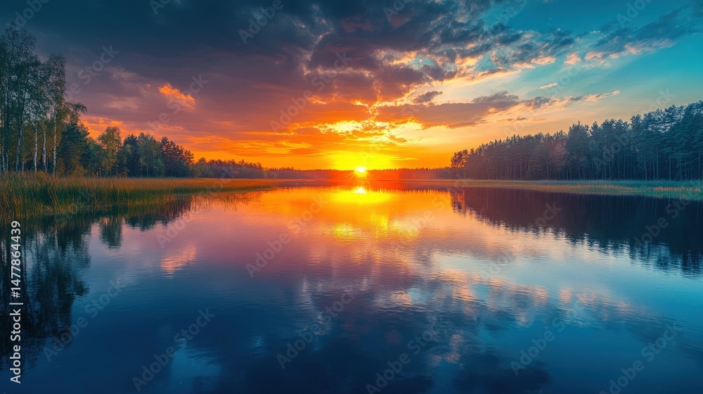 Fototapeta premium A tranquil lake reflects a vibrant sunset sky.