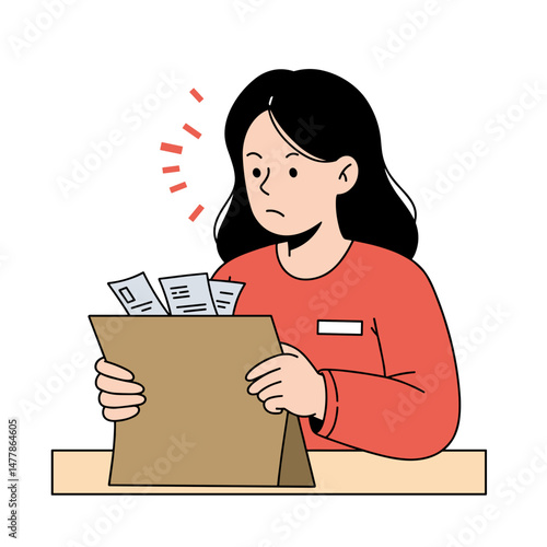 Concerned woman looking at unpaid bills in a worried expression at her desk
