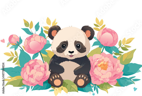 Sweet baby panda surrounded by delicate peony flowers, created with soft pastel colors and organic hand-drawn lines. Perfect for children's prints, greeting cards, and nursery wall art.