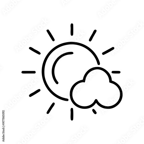 Sun and cloud icon in minimal line art style representing weather  
