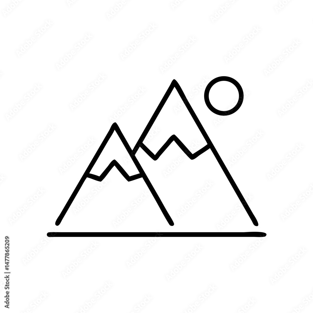 Simple line drawing of mountains with sun in minimalist style Simple line drawing of mountains with sun in minimalist style