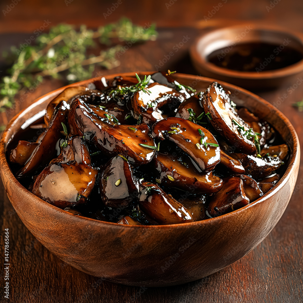 Fototapeta premium Bowl of mushrooms with herbs and sauce
