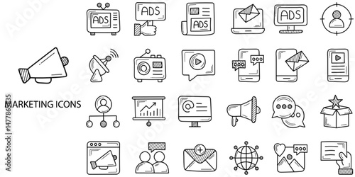 Marketing simple concept 24 hand drawn icons set .Vector illustration.