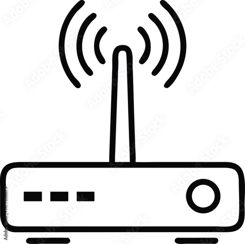 This 3D vector illustration shows a Wi-Fi icon and two radio tower icons on a square internet button, representing wireless network technology and communication signals