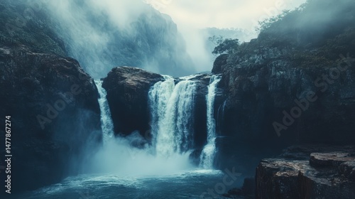 Majestic waterfalls cascading down rocky cliffs in a misty landscape.
