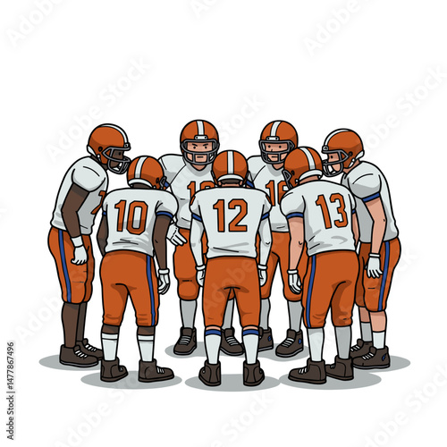 Football team huddling before kickoff to discuss strategy in an energetic setting
