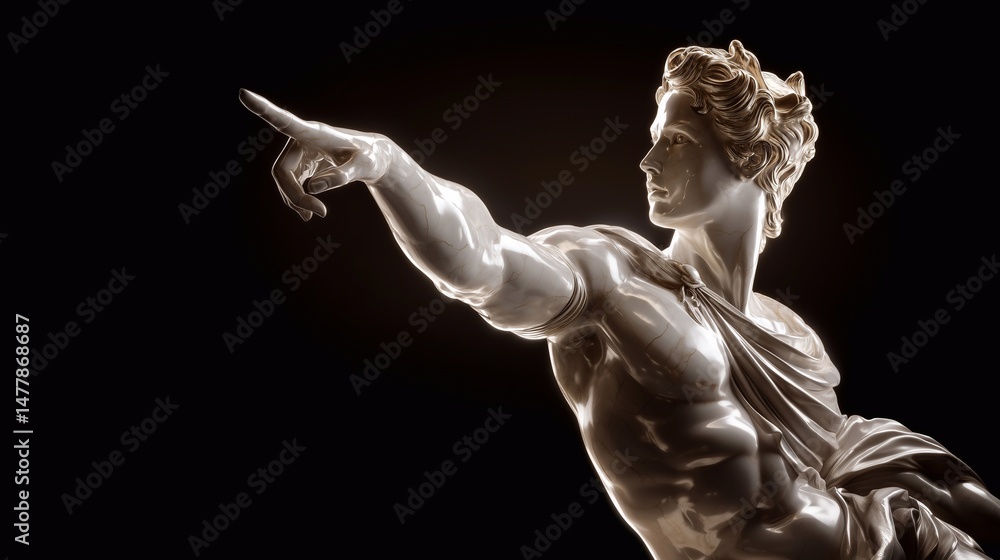 Elegant marble statue of a male figure with muscular body pointing forward. Classic sculpture with dramatic lighting on black background. Ancient art, strength, beauty and motion. Elegant marble statue of a male figure with muscular body pointing forward. Classic sculpture with dramatic lighting on black background. Ancient art, strength, beauty and motion.
